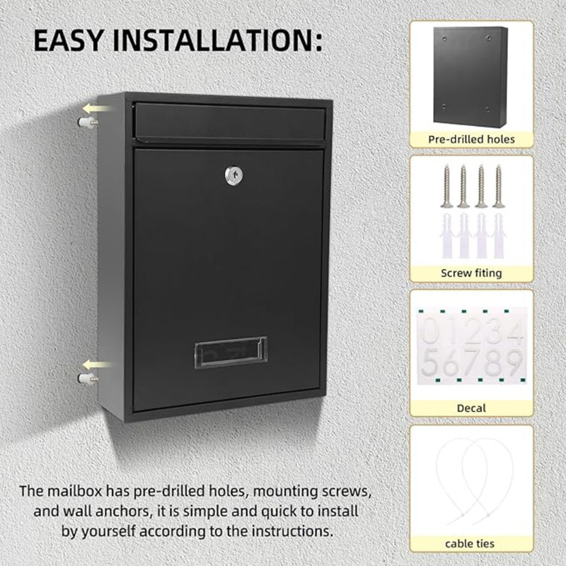 Locking Mailboxes For Outside, Wall Mount Mailbox With Key And Three Sets 0-9 Reflective Sticker Numbers, Large Capacity Anti-Rusting Metal Postbox 13.8X 10.8X 3.25 Inch Black
