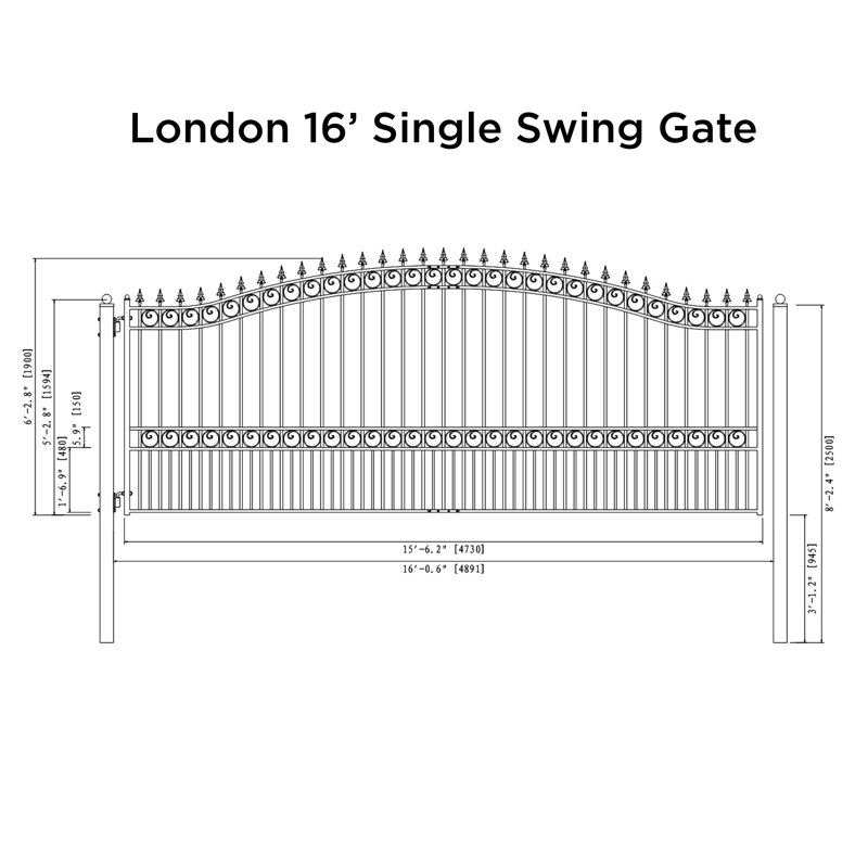 London Style Black Steel Arched Driveway Gate with Pointed Pickets