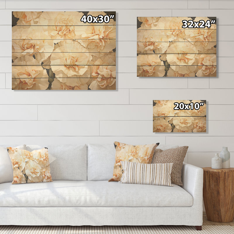 Arrangement d'œillets beige - œillets, art mural sur bois de pin naturel, H 10 po x l 20 po