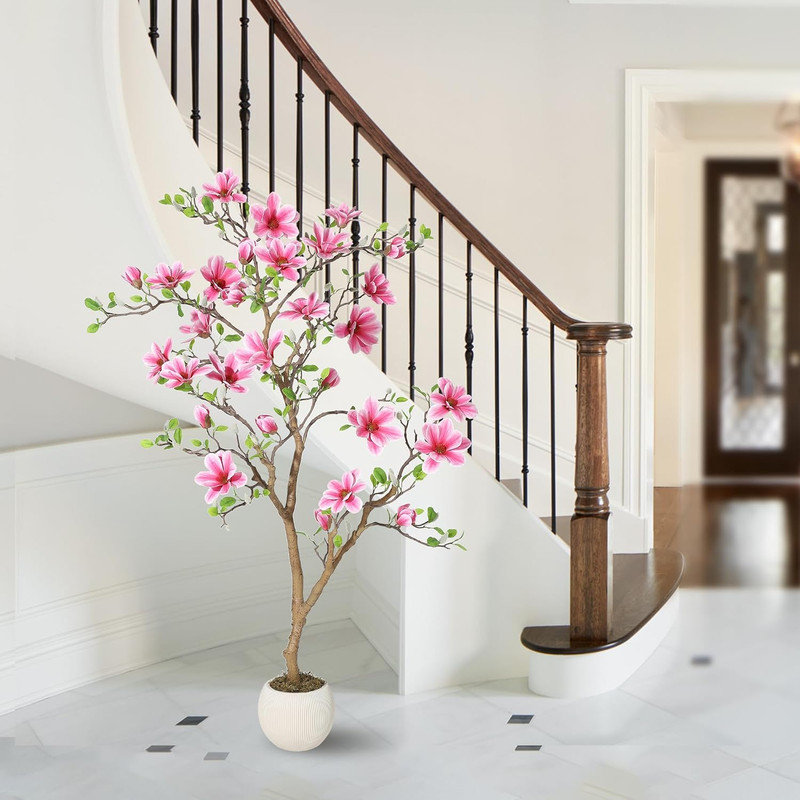 5FTA Arbre de magnolia artificiel avec de vraies feuilles de contact et des fleurs en soie pour l'extérieur, 60 po x 35,4 po