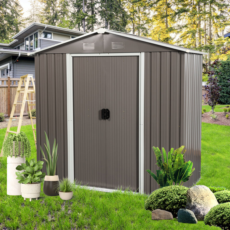 8ft X 4ft Metal Shed With Galvanized Structure, Gray Outlook Foundation Cover,, Gray