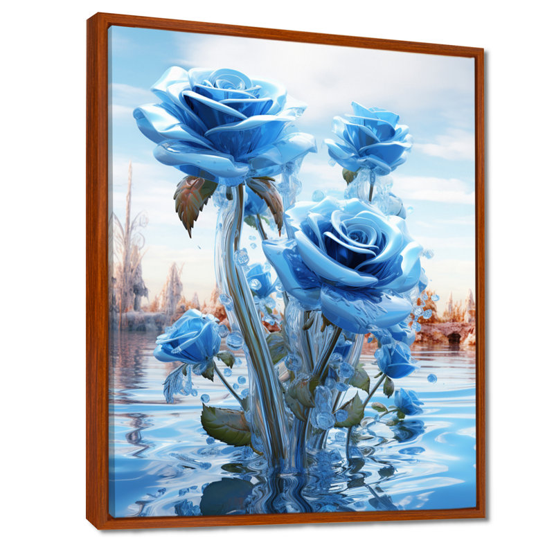 Roses bleues magiques dans le lac - salon d'art mural Roses, Toile avec cadre flottant brun, H 20 po x l 12 po x P 1 po