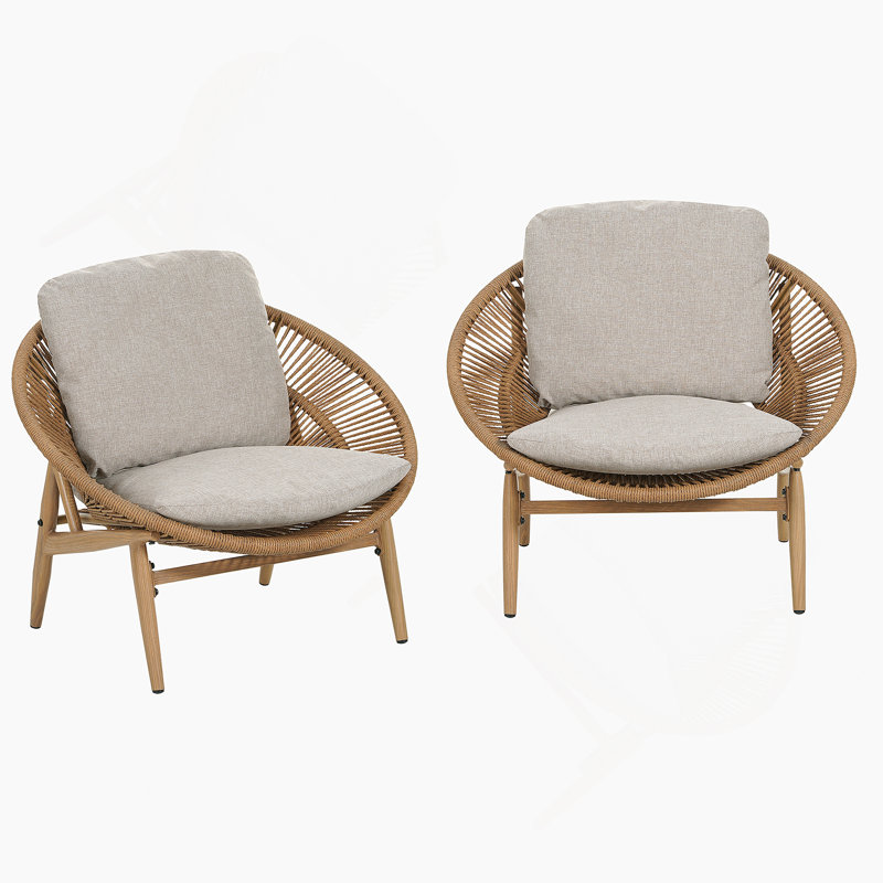 Chaise longue d'extérieur en osier brun pâle avec coussin beige, ensemble de 2, 2, Brun clair, Beige 