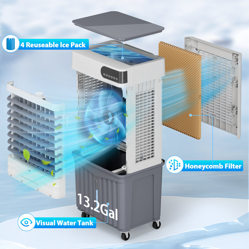 110CM Evaporative Cooler With 12-Hour Auto Shut-Off Timer, 4 Ice Packs, 3-Speed Windowless Air Conditioning, Smart Remote Control, Dual Water Tanks, Quiet Operation