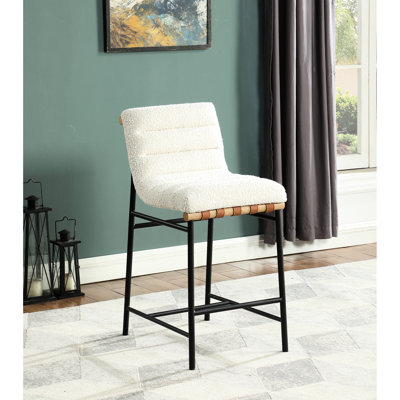 Élégant fauteuil à hauteur de comptoir en tissu Boucle avec détails en cuir pu et support en bois
