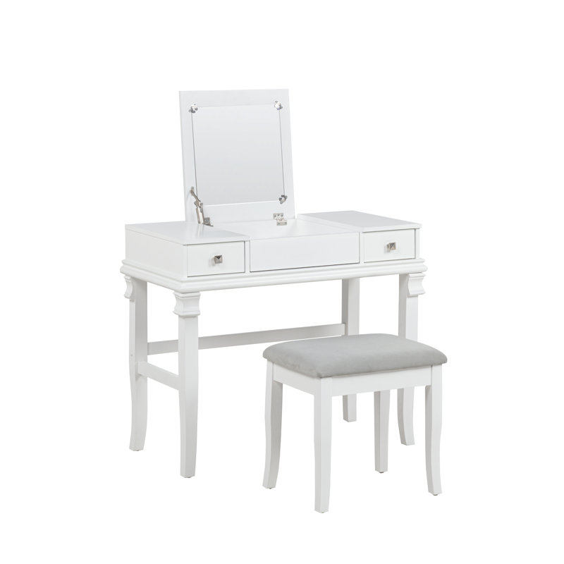 Ensemble de coiffeuse avec tabouret et miroir Godines, Blanc