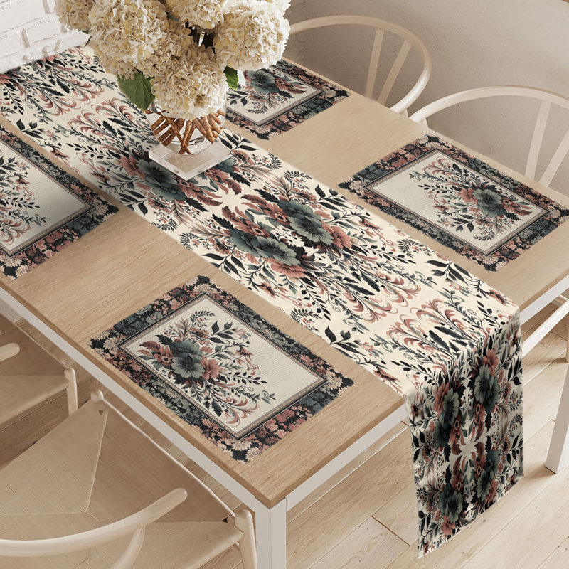 Ambesonne Floral Ethnic Table Runner & Placemats Placemat 4 pcs + Runner 16"x72" Ruby Green, 72" x 16"