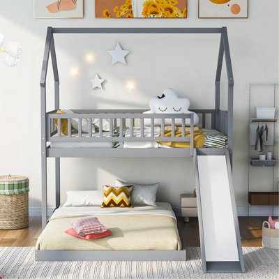 Twin Over Full House Bunk Bed With Slide And Built-In Ladder