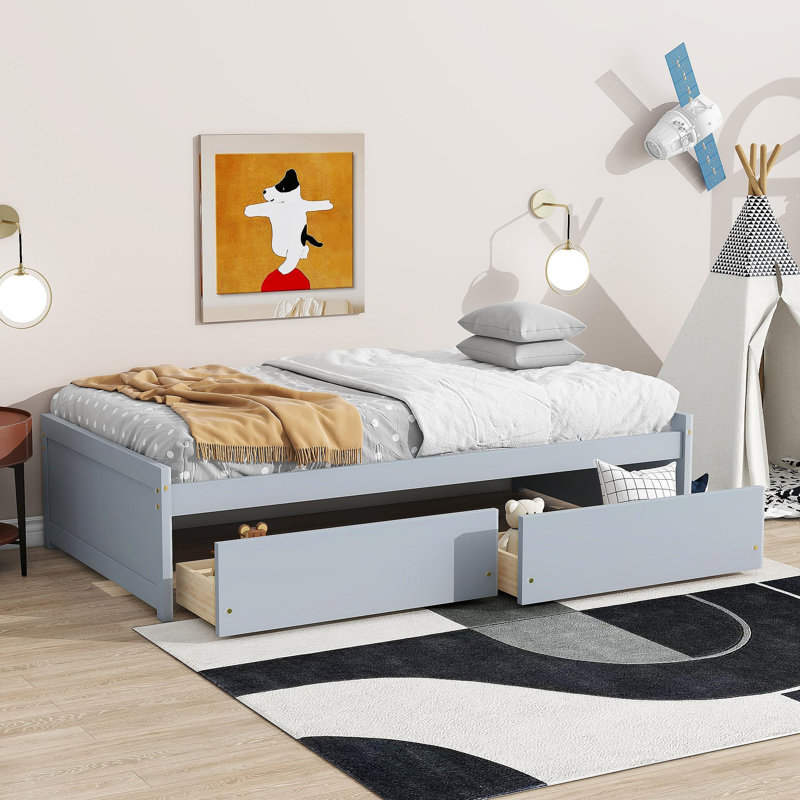 Lit simple avec 2 tiroirs, lit en bois d'hévéa massif, gris, gris