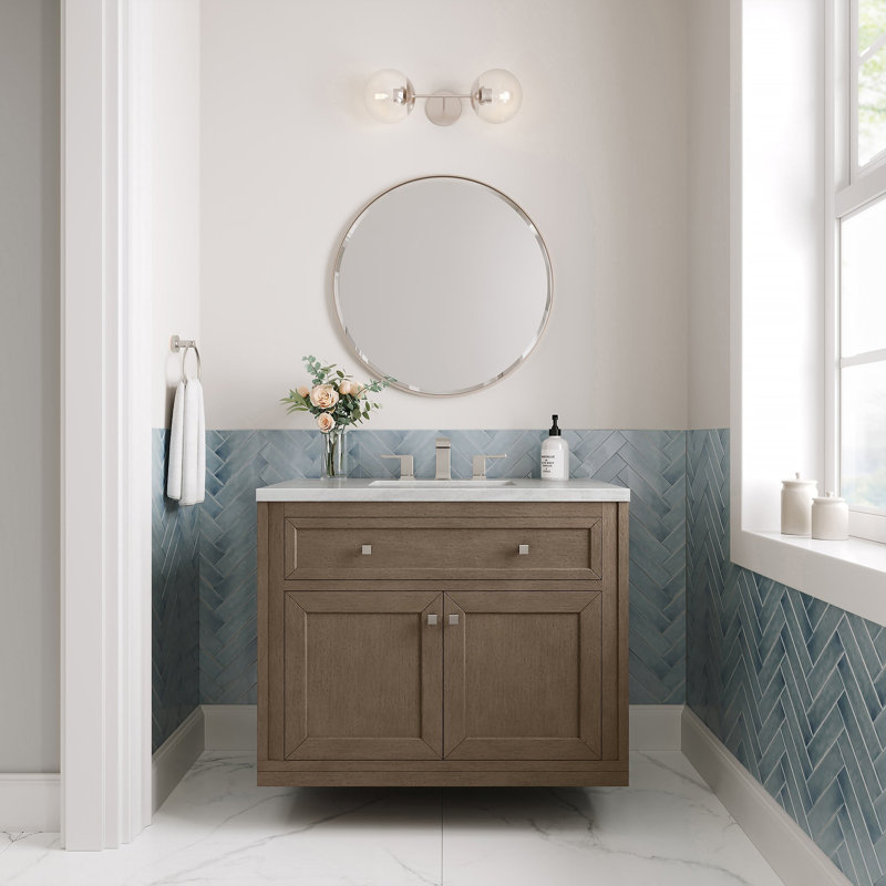Chicago 36' W Single Vanity, Smokey Celadon, Eternal Jasmine Pearl Quartz, 8" Widespread