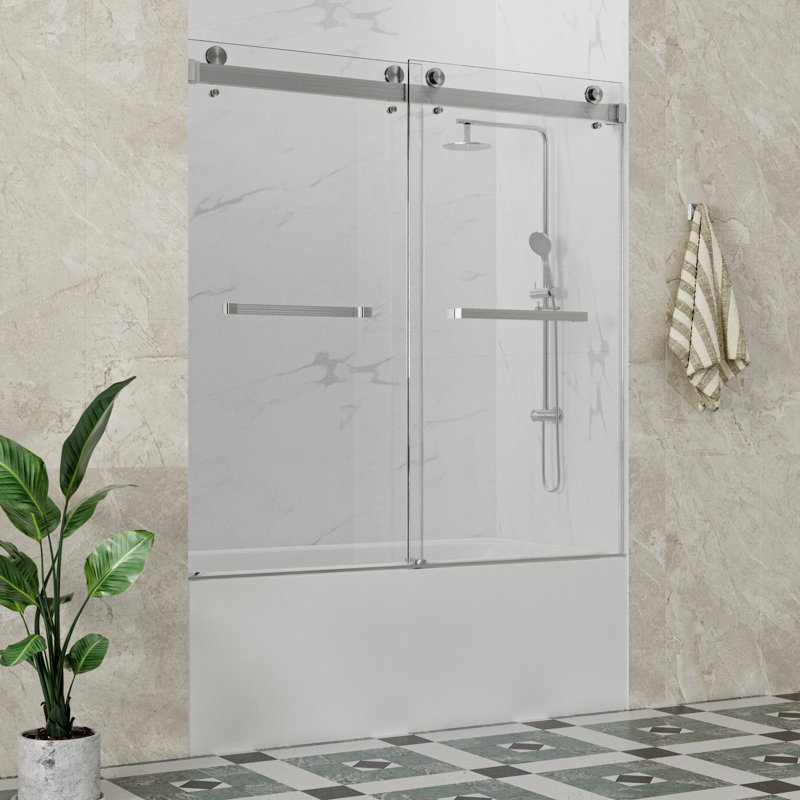 Catalyst 56"- 61" W x 66" H Double Sliding Frameless Shower Tub Door in Brushed Nickel with 3/8" Clear Glass, Brushed Nickel