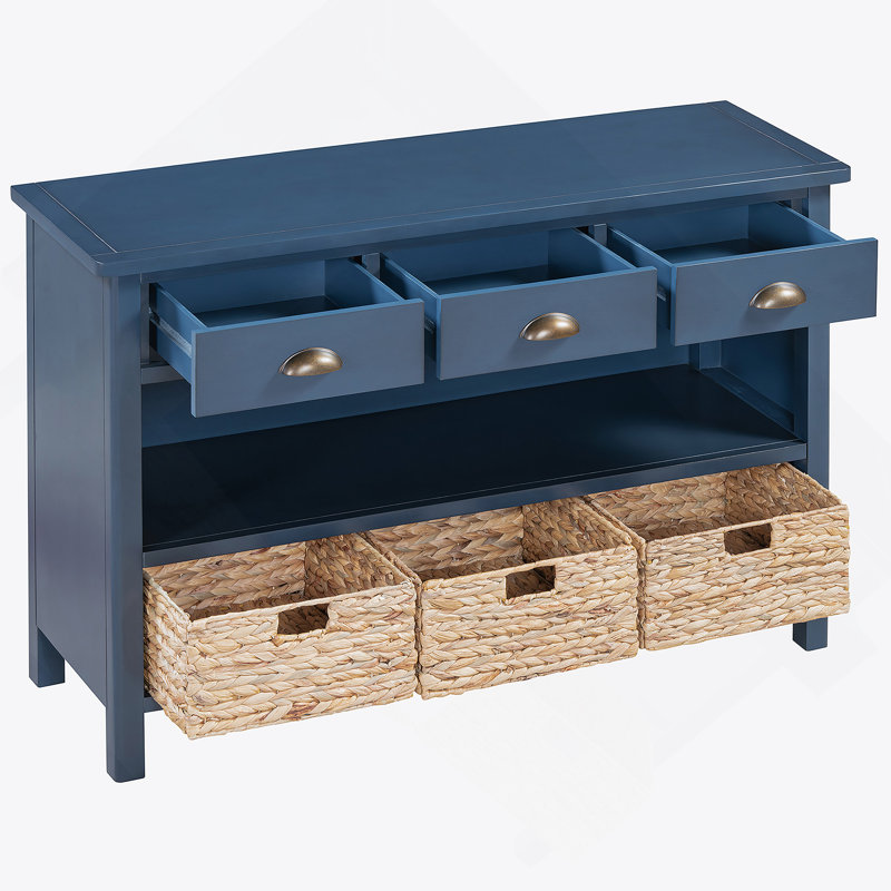 Console de style rétro avec tiroirs et paniers tissés en jacinthe d'eau, une pièce polyvalente pour plusieurs espaces de la maison