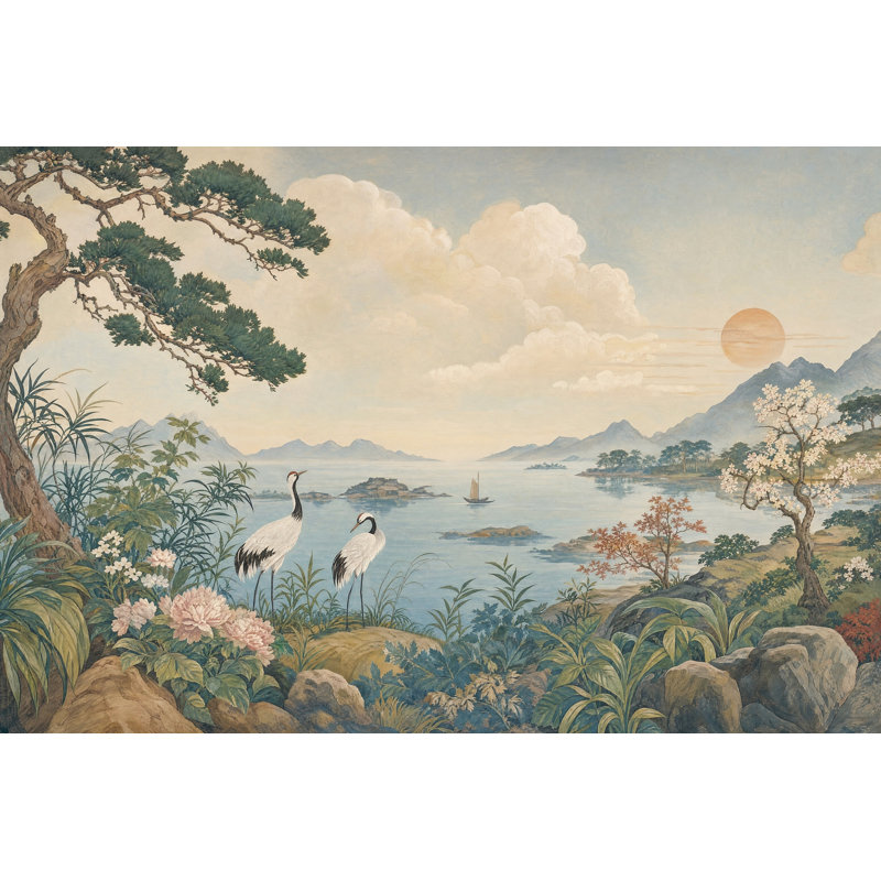 Papier peint mural paysage, grues d'inspiration asiatique, décoration murale amovible, 160 po x 108 po, Non tissé