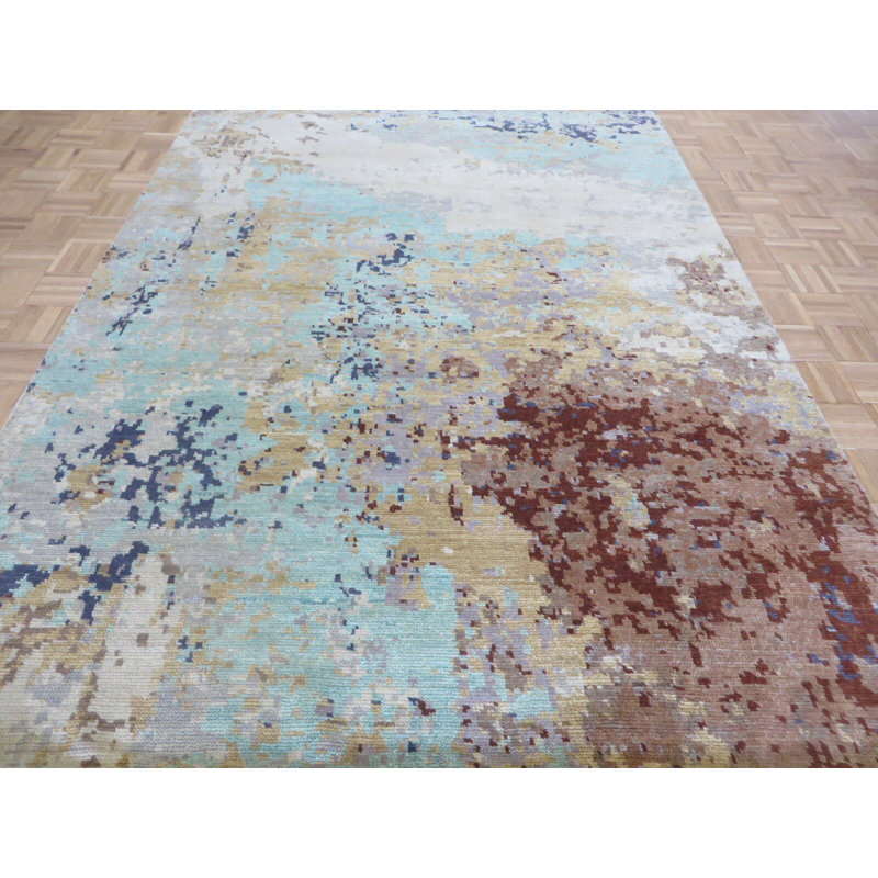 Tapis bleu en laine noué à la main de conception unique 6 pi 1 po x 9 pi 2 po Maijah