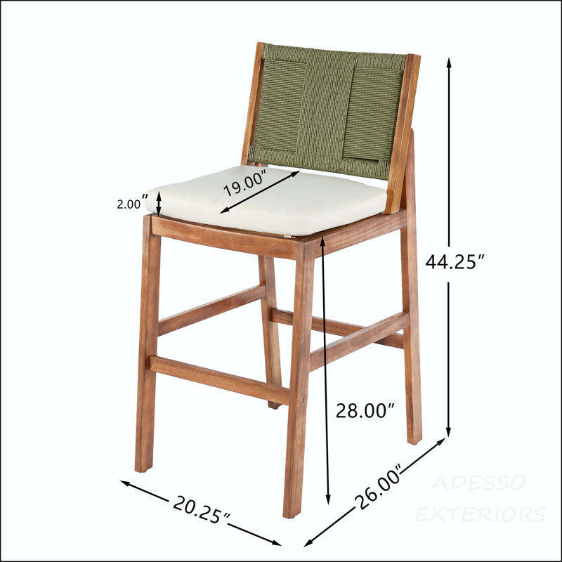 Ensemble de 2 tabourets de bar en bois d'acacia au fini teck avec coussin crème et dossier en osier vert