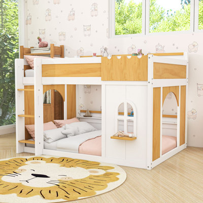 Wooden Bunk Bed with Built-In Storage Shelves, Ladder and Guardrails