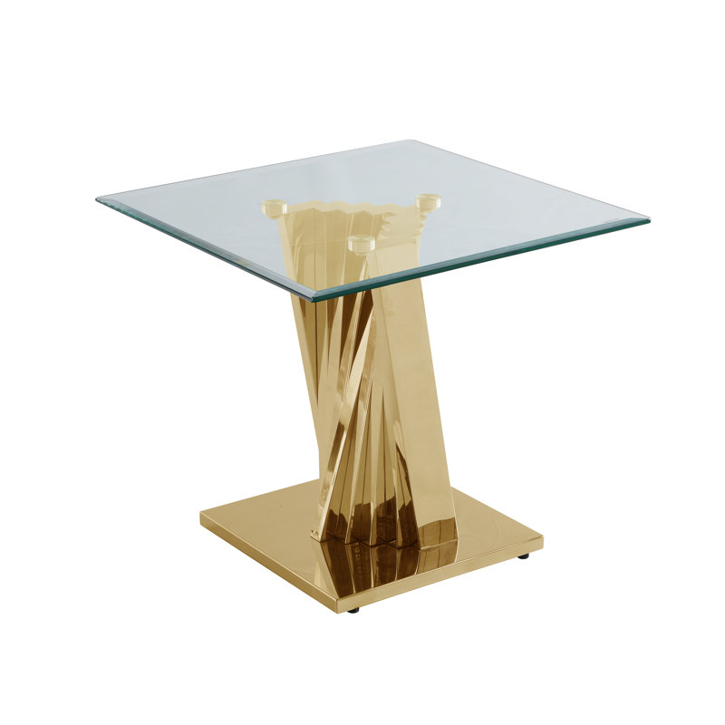 Table de bout à piédestal avec rangement en verre Anmol, Doré