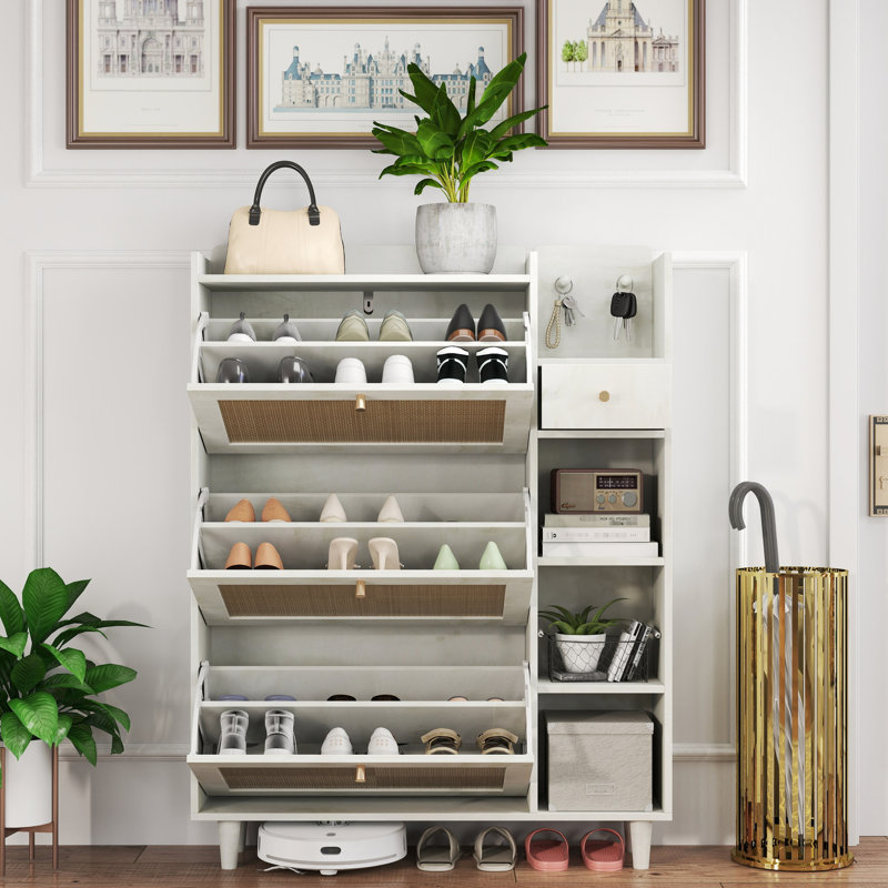 Range-chaussures autoportant avec 3 tablettes carrées, tiroirs rabattables, grande armoire de rangement blanche 1 tiroir, finition