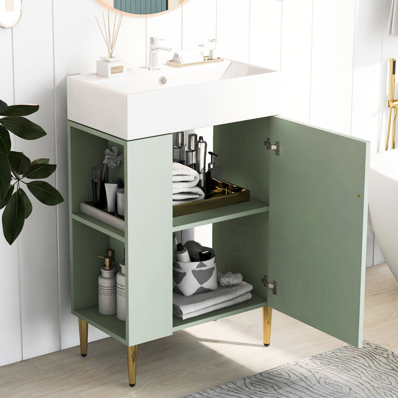 Meuble-lavabo moderne avec lavabo en céramique et support de rangement pour armoire à gauche, Green