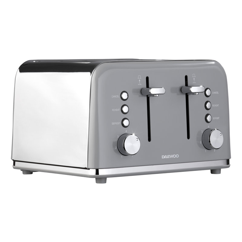 Daewoo Kensington Stainless Steel Grey 4 Slice Toaster Crumb Tray Defrost Reheat