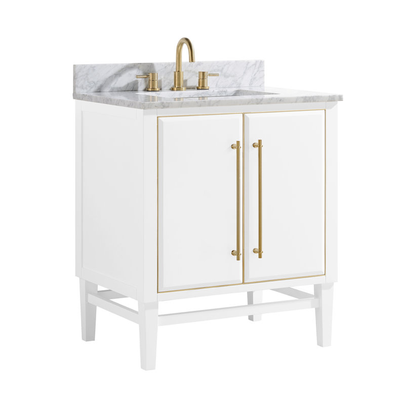 Mason 30" Single Bathroom Vanity with Carrara Marble Top, Carrara White, Matte Gold, Navy Blue
