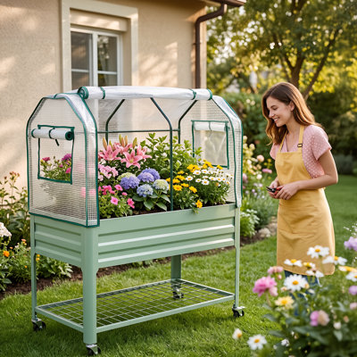 Elevated Galvanized Raised Garden Bed with Greenhouse PE Cover, Roll-Up Door, Vent Window & Drainage System for Vegetables, Herbs and Flowers