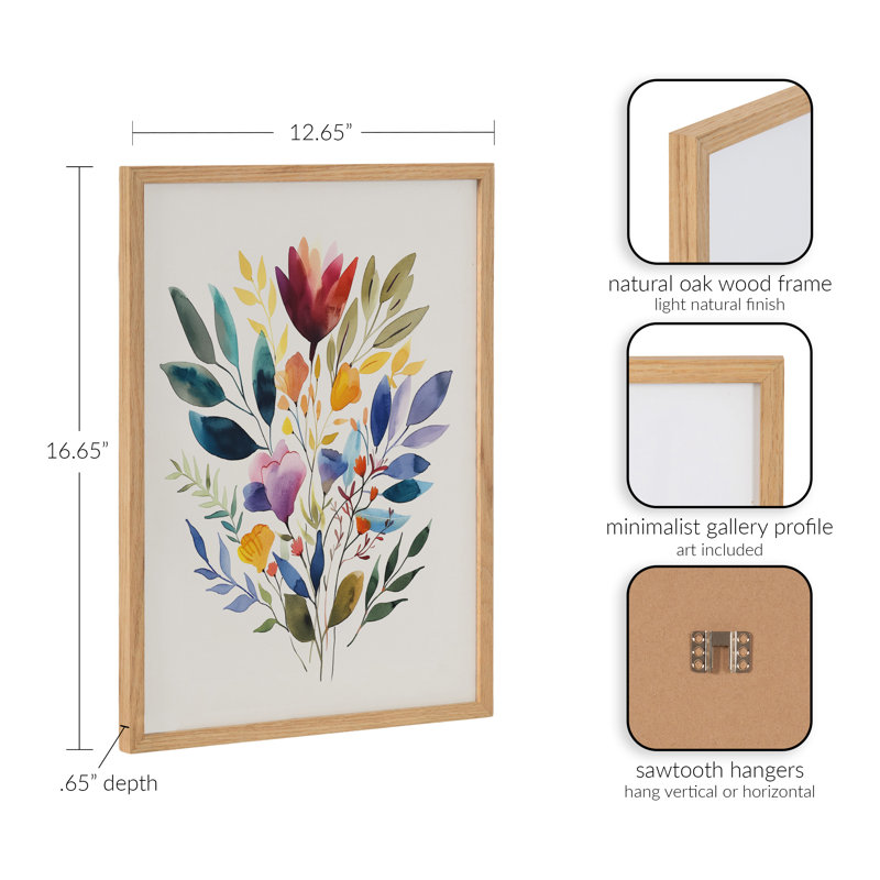 Art mural floral coloré, Encadrement brun clair, H 12,65 po x l 16,65 po