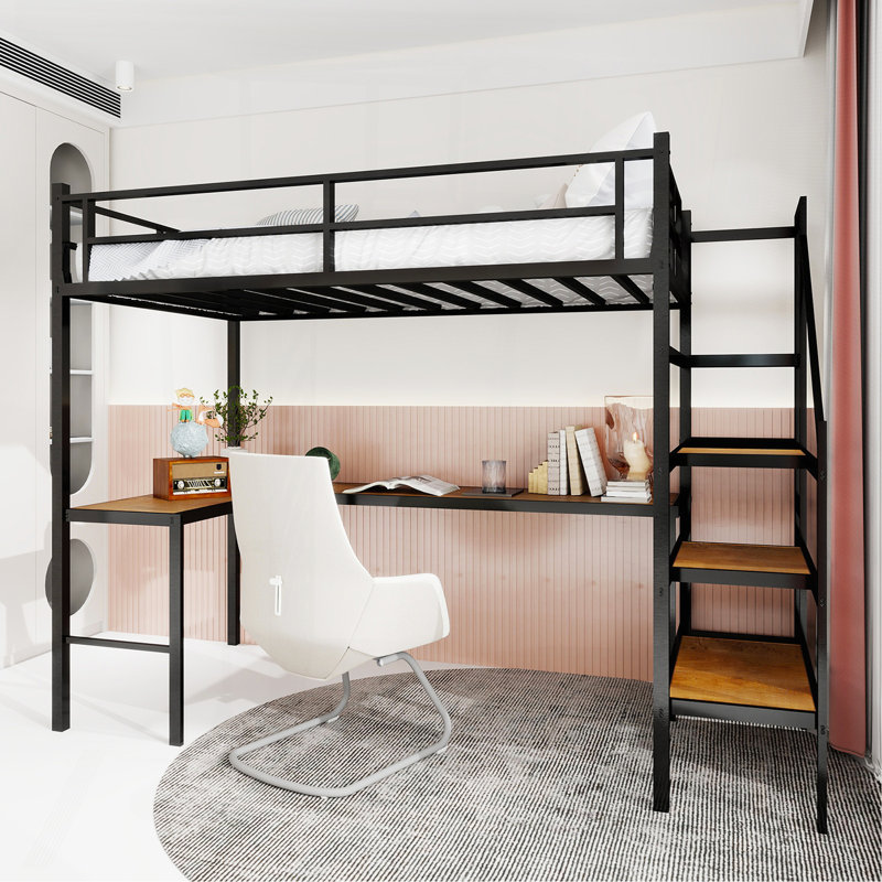 Loft Bed With L-Shaped Desk, Large Storage Space And Storage Compartments, Sturdy Bed Frame With Stairs, Continuous Belt Railing, Space-Saving, Noiseless, No Elephant Springs Required