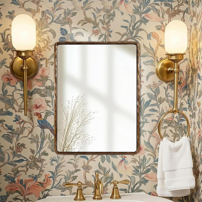 Miroir mural rectangulaire en fer forgé à la main Brunilde | Miroir de salle de bain rustique, Laiton forgé, 32 po x 24 po