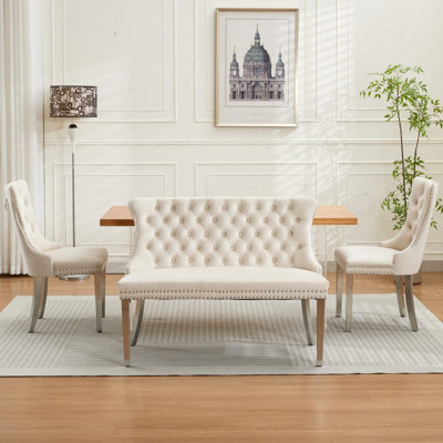 Banc en velours pour causeuse double pour la salle à manger, sièges de cuisine et de salle à manger, banc capitonné à 2 places avec boutons faits à la main, dossier à oreilles, pieds en acier inoxydable argenté brossé, moderne Mid-Century, paquet simple, beige, SW1702BG