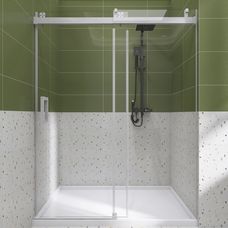 Porte de douche coulissante sans cadre avec verre trempé l 72 po x H 76 po, Nickel brossé