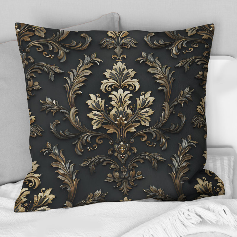 Coussin décoratif damassé noir et doré Glamour I, H 16 po x l 16 po, Carrée