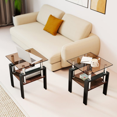 De 2 tables à thé modernes en verre trempé, blanc et bout, L 18,1 po x l 18,1 po, H 20,5 po, couche inférieure, utilisation polyvalente et équilibrée