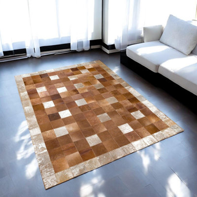Natural Cowhide Patchwork Rug, Brown Cowhide Floor Rug