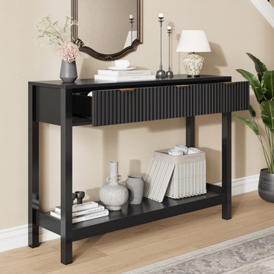 43.3" Fluted Console Table with 3 Drawers and Open Storage Shelf, Black Entryway Table for Living Room & Hallway, 11.8"D x 43.3"W x 31.5"H