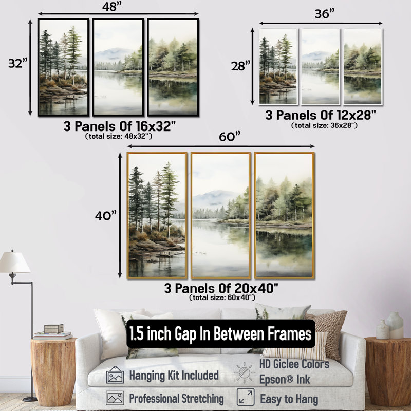 Ensemble de décoration murale scandinave Lake Tranquility - River, H 32 po x l 48 po x P 1 po, Cadre argenté flottant