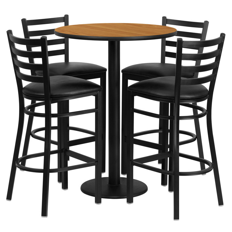 Aniket 30'' Round Laminate Table Set with Round Base and 4 Ladder Back Metal Barstools