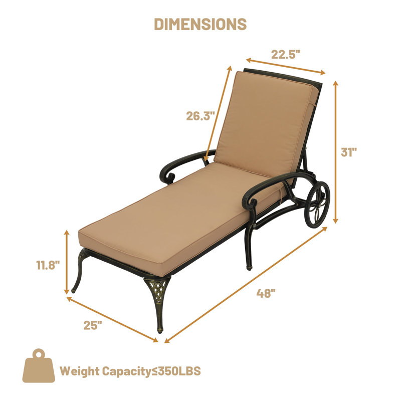 Outdoor Cast Aluminum Chaise Lounge Chair with Cushion, Beige