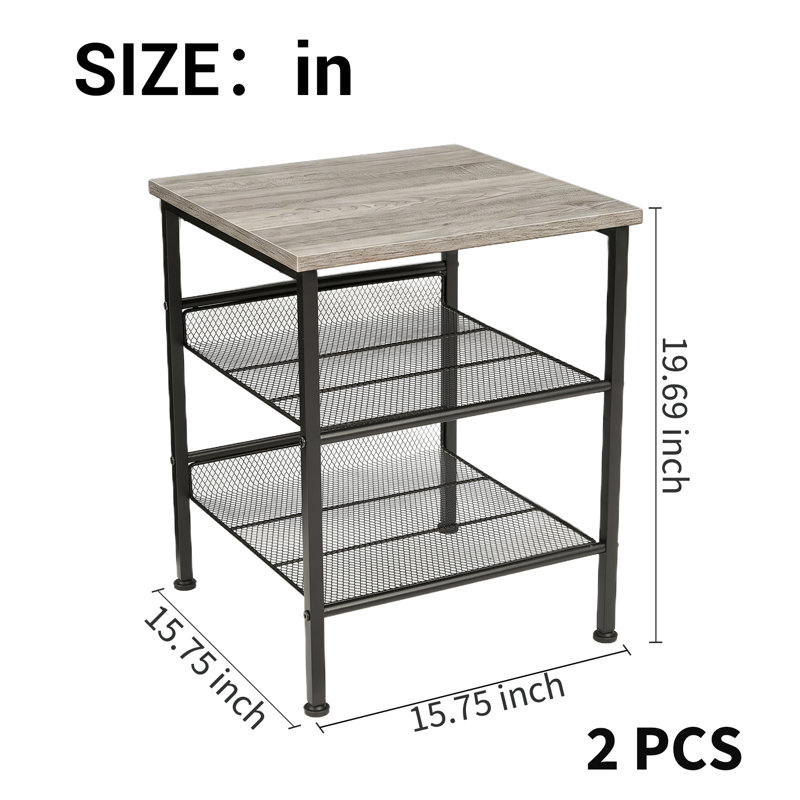 Ensemble de 2 tables de bout carrées industrielles, table de chevet grise à 3 niveaux avec tablettes de rangement en maille respirante et structure en métal robuste, meubles de chevet compacts pour le rangement de la chambre à coucher, du salon et des petits espaces