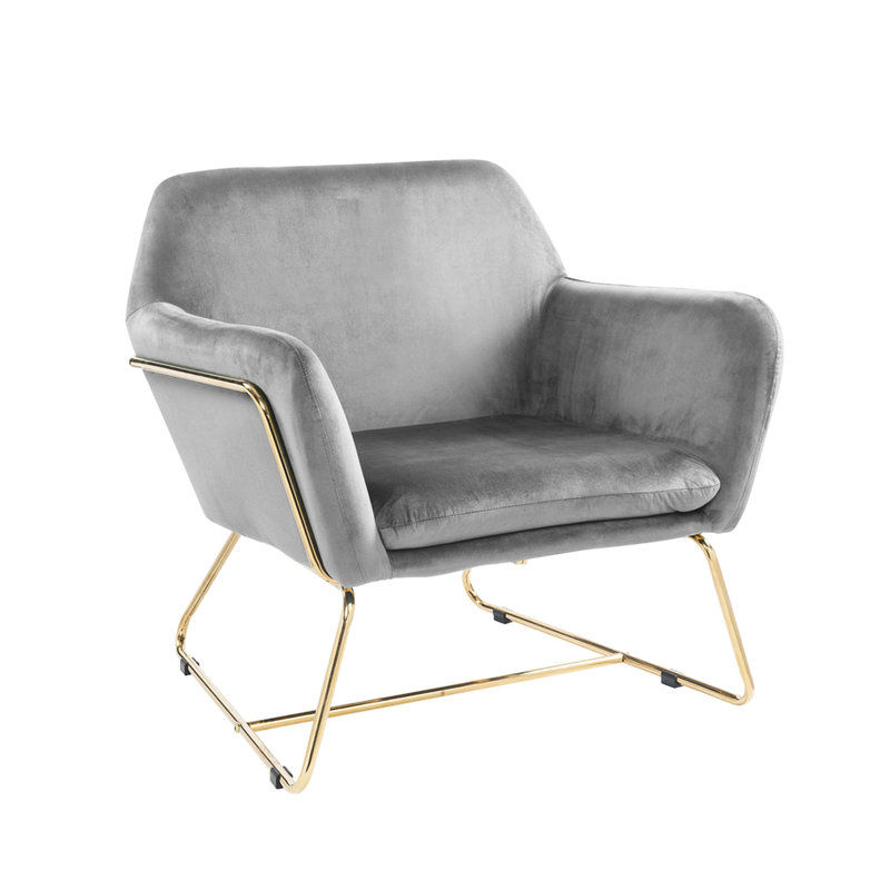 Chaise décorative moderne en velours gris, largeur 29,5 po, base en métal, chaise décorative avec pieds, largeur
