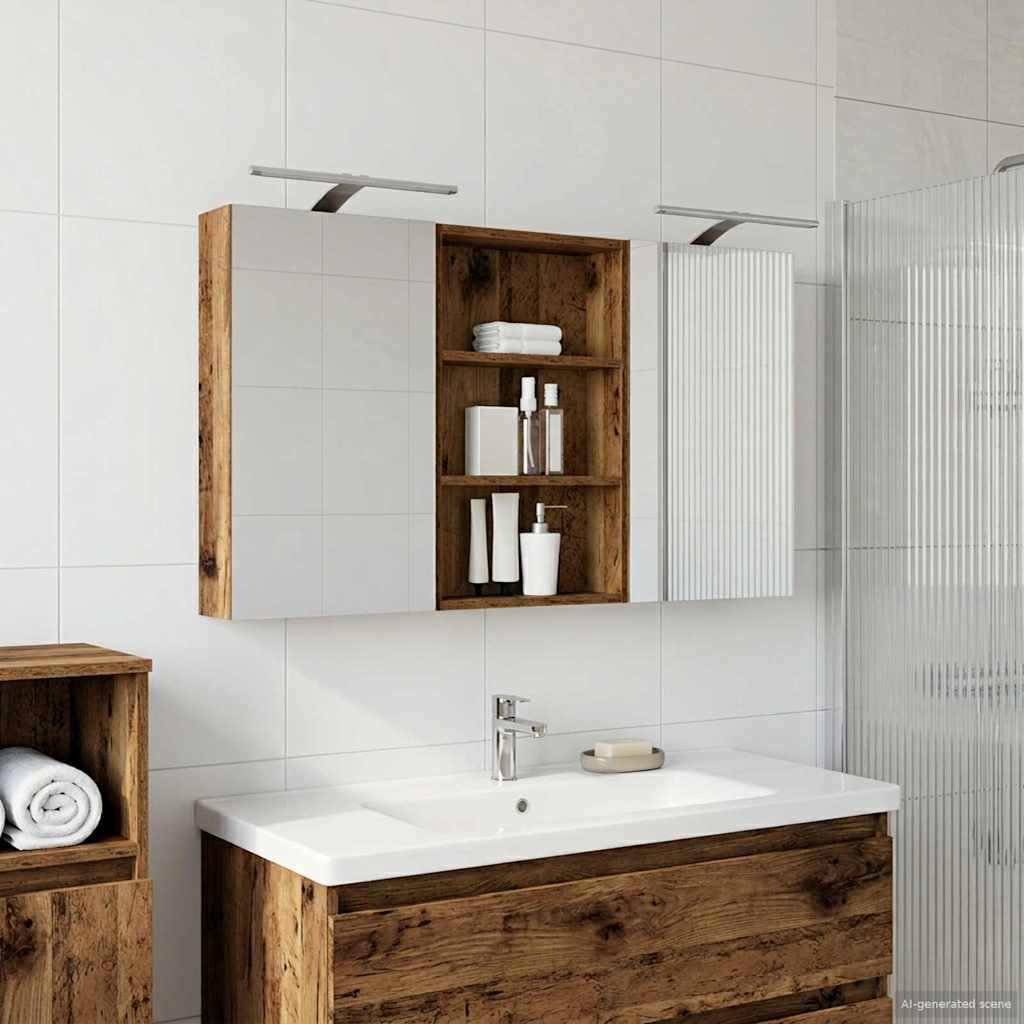 Bathroom Cabinet Set With LED Strip Lights Engineered Wood Shelving