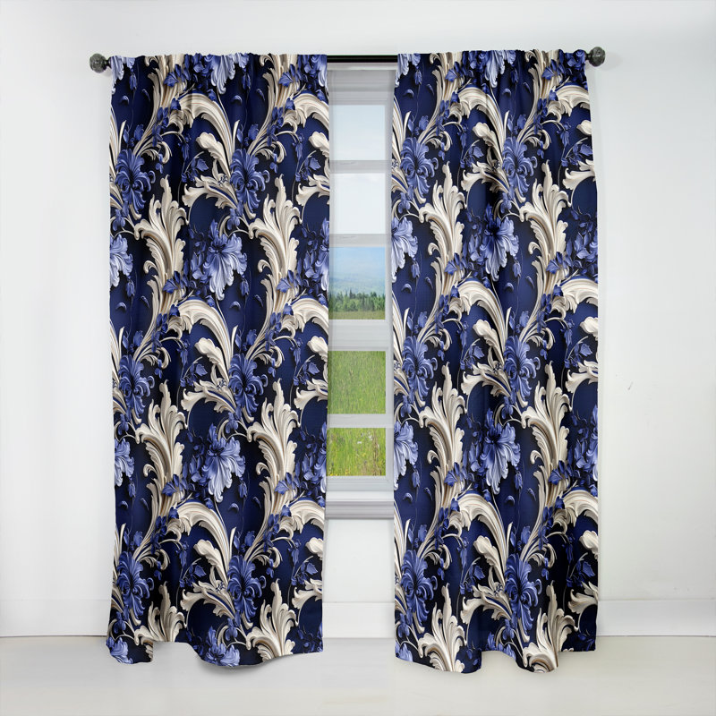 Cobalt Blue Baroque Scrolls Victorian Pattern I Blackout Single Curtain Panel, 52" W x 90" L