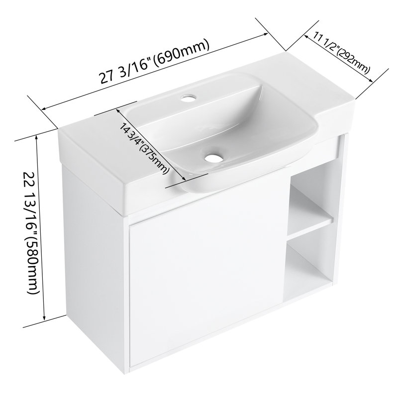 28 Inch Wall Mount Bathroom Vanity with Ceramic Sink, Space-Saving Single Door Cabinet and Open Shelf for Modern Farmhouse or Industrial Style Decor
