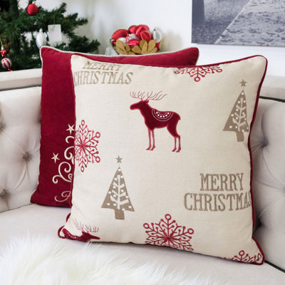 Merry Christmas Embroidered Poly Linen Throw Pillow – 20X20" Holiday Cushion With Reindeer, Trees & Snowflakes