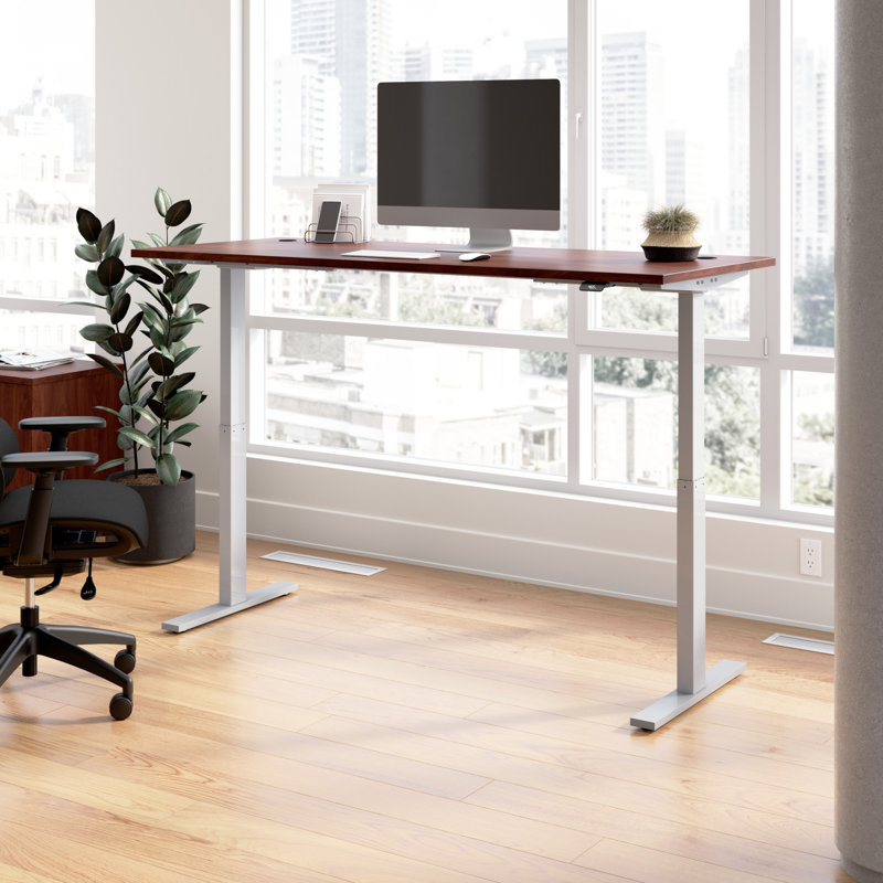Adjustable Metal Base Standing Desk, 47.68" H x 71.01" W x 29.37" D, Hansen Cherry/Silver