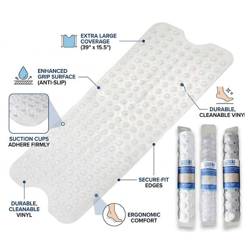 Extra Large Bathtub Mat, 39" x 15.5", Premium Non-Slip Shower Mat for Bathroom, Soft Spa-Grade Surface with Suction Cups, Machine Washable, Grey