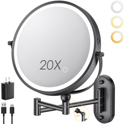Miroir de maquillage lumineux 9 po mural, 4000Mah, miroir à double face rechargeable avec grossissement 1X / 20X avec lumière, à intensité variable, bras allongé, 360 °, rotation, miroir mural, 3 lumières-B