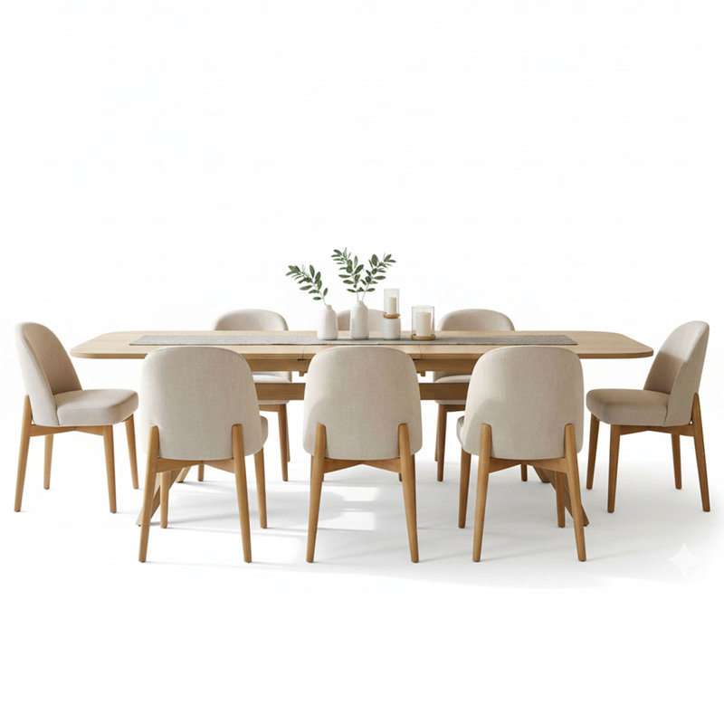 9-Piece 78"-96" Extendable Trestle Dining Set With 8 Upholstered Chairs, Beige