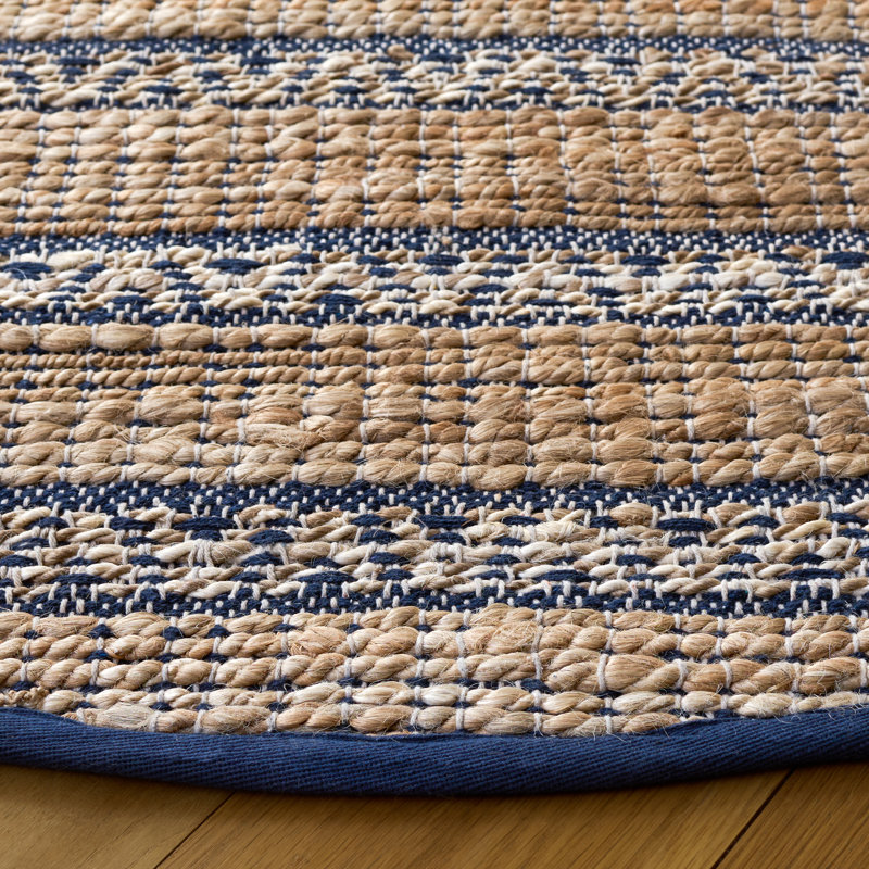 Ifenna Natural Fiber Flat Weave Jute/Cotton Geometric Rug in Navy/Natural, Round 7'