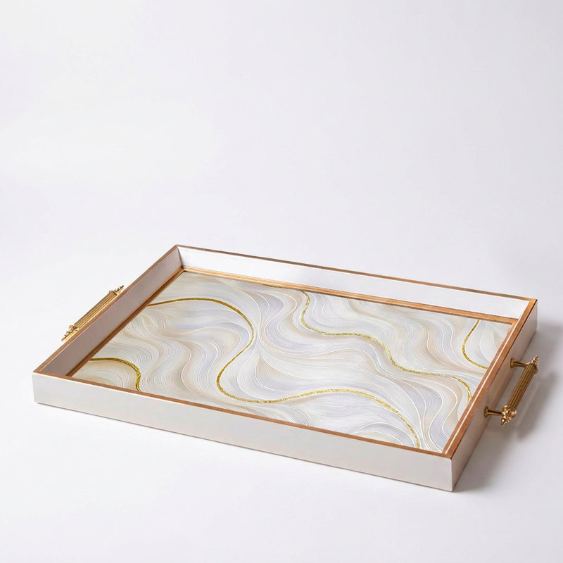 Plateau décoratif en marbre fluide « Vague céleste » avec bordure dorée